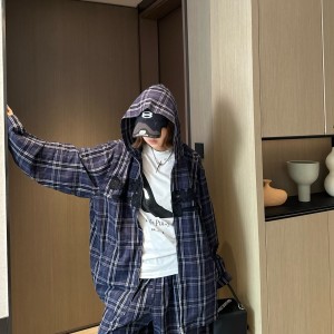 발렌시아가 블루 체크 로고패치 후드집업